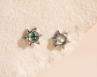 18G/16G Hexagram Moss Agate Labret: Titanium Internally Threaded Flat Back Stud