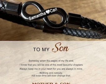 May include: Black braided leather bracelet with a silver infinity symbol clasp. The clasp is engraved with the names "Samantha" and "Carl" and a heart symbol. The bracelet is a gift for a son.
