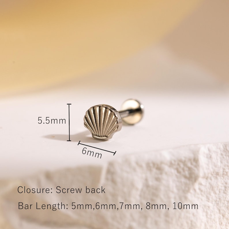 Tiny Shell Stud, Internally Threaded Labret, Titanium Flat Back Earring image 2