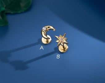 18G/16G Tiny Star and Moon Internally Threaded Labret,Flat Back Earring,Tragus Stud,Helix Stud,Cartilage Stud,Nose Piercing Stud