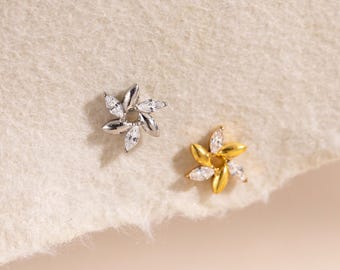 CZ Flower Titanium Internally Threaded Labret, Conch Earring,Cartilage Stud