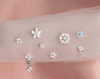 Titanium Flower Earrings Set, CZ Flat Back Studs, 16G/18G