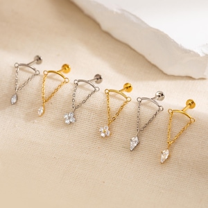 16G/18G Titanium Vertical Dangle Hidden Helix Piercing,Threaded Flat Back Earrings,Hidden Rook,Cartilage/Conch/Tragus/Helix Drop Earring