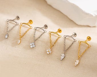 16G/18G Titanium Vertical Dangle Hidden Helix Piercing,Threaded Flat Back Earrings,Hidden Rook,Cartilage/Conch/Tragus/Helix Drop Earring