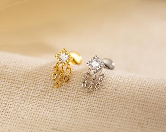 Pendiente colgante de titanio con circonitas cúbicas para labret, tragus o concha, con rosca interna.