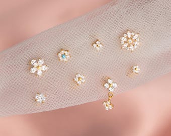 Shining Flower Stud Earrings, Tiny CZ Flower Set, Titanium Tragus Conch Cartilage Studs