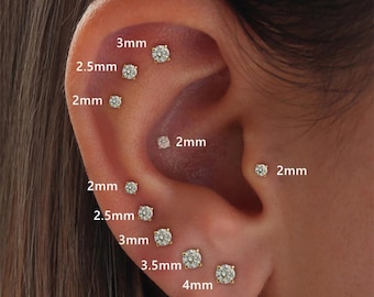 CZ Stud Earring, Cartilage Helix Tragus Ear Piercing, 18K Gold Plated, Sizes 2mm-4mm, Single
