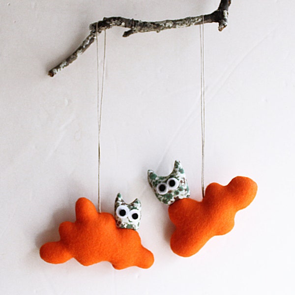 Two orange clouds with owls. Felt Decoration wall hanging.