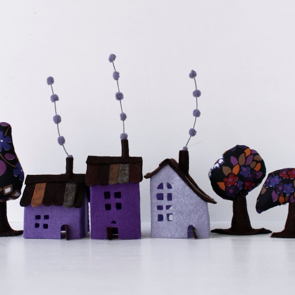 Christmas House ornament, Violet Cabins with trees, House Felt Miniature