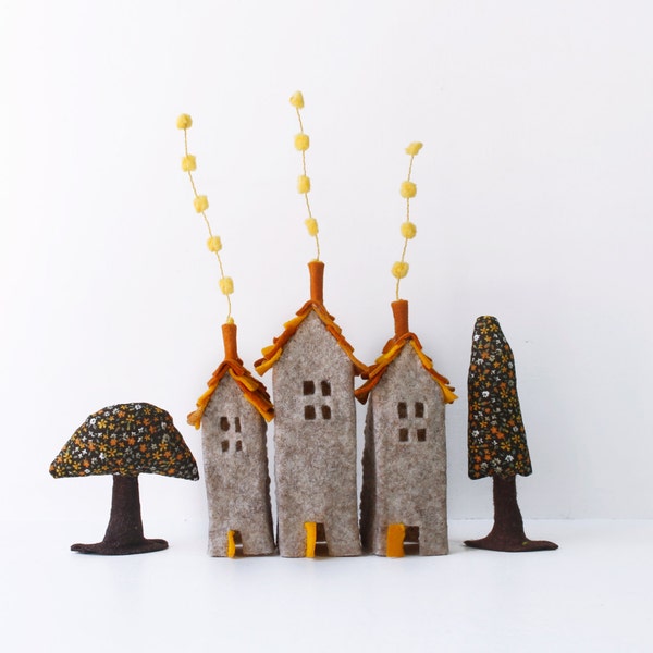 Rustic Home Decor Felt houses ornaments New home housewarming gift Miniature grey and yellow tones Sweet Home Teacher appreciation gift