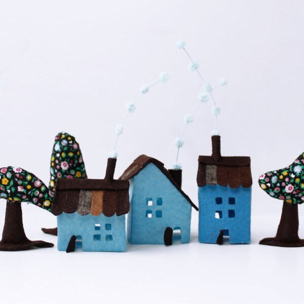 Miniature houses decoration, Blue Houses with trees, Room Decor, Children decorations, Housewarming gift