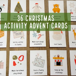 36 tarjetas de actividades del calendario de adviento, descarga de tarjetas de adviento navideñas imprimibles, boleto para la noche de cine navideño, cuenta regresiva para las vacaciones de Navidad