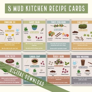 Puede incluir: Ocho tarjetas de recetas para una cocina de barro, con recetas ilustradas como Té de Diente de León y Pizza de Pétalos. Las tarjetas tienen un fondo claro con ilustraciones y texto coloridos. También se ven las palabras "DESCARGA DIGITAL".