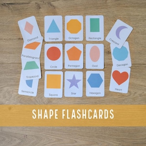 May include: A collection of flashcards featuring various shapes, including a diamond, triangle, octagon, and rectangle. Each card displays a shape with its name, such as "Circle" and "Square". The words "SHAPE FLASHCARDS" are printed at the bottom.