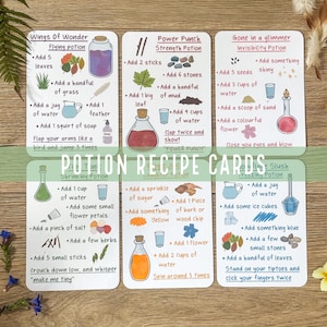 Tarjetas imprimibles con recetas de pociones: Juego de cocina de barro al aire libre (Descarga digital)