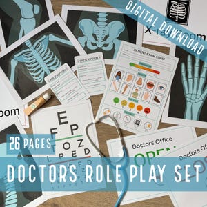 May include: A printable doctor's role play set with 26 pages. The set includes a variety of printable items, such as x-rays, a patient exam form, a prescription pad, an eye chart, and a doctor's office sign. The set is perfect for kids who love to play pretend.