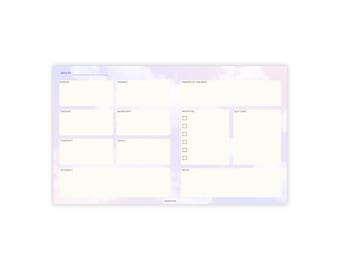 May include: A weekly planner with a watercolor background in shades of purple and pink. The planner has sections for each day of the week, a section for priorities, and a section for self-care. The planner also has a section for notes.