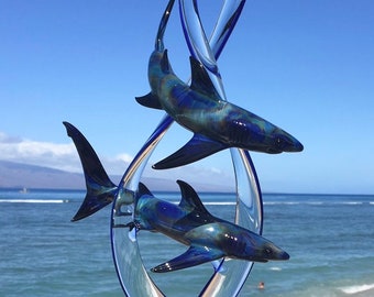 Custom Black lightning reef sharks on seaweed Glass Sculpture