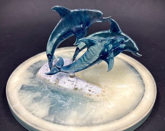 Triple Dolphin Glass Sculpture on a resin plate