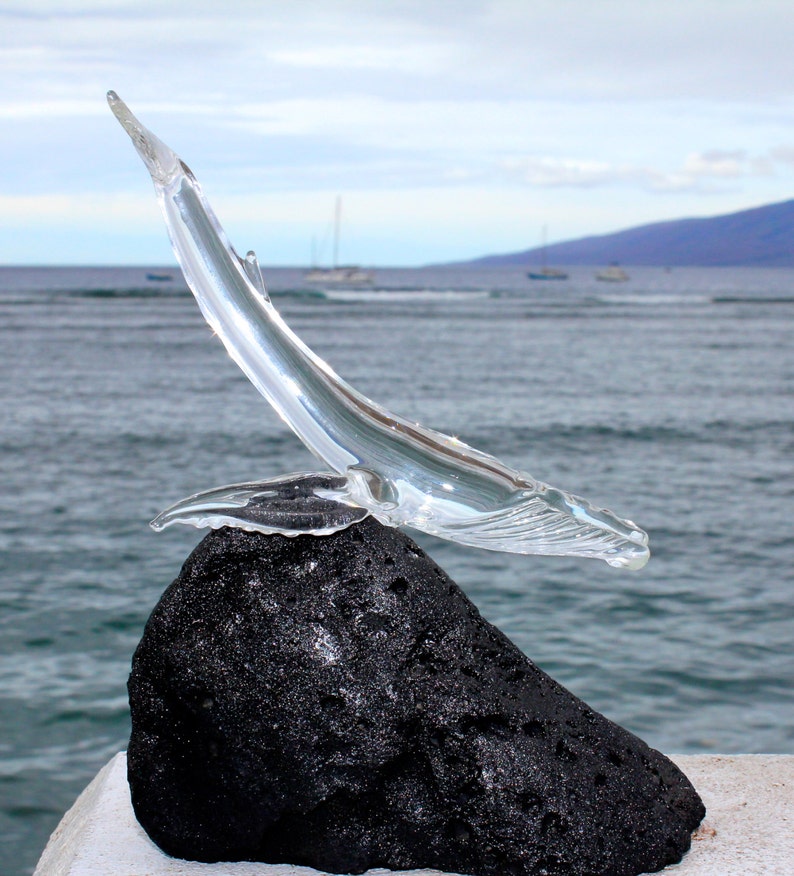 Pu&ograve; includere: Una scultura di vetro trasparente di una balena che salta fuori dall'acqua, poggiata su una roccia vulcanica nera. La scultura &egrave; posizionata sullo sfondo di un oceano blu e una catena montuosa lontana.