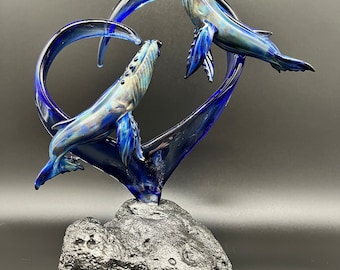 Humpback Whales in a heart Glass Sculpture