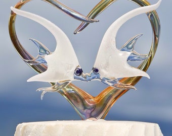 Custom Glass Heart Wedding Cake Topper with Kissing Angelfish