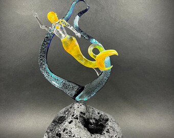 Mermaid in dichroic seaweed with coral accent Glass Sculpture