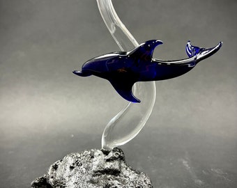 Blue Dolphin on a wave Glass Sculpture