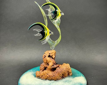 Mini Angelfish on resin ocean glass sculpture