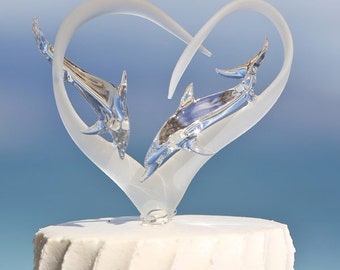 Frosted Glass Heart Cake Topper with Two Dolphins