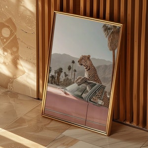 Leopard Poster | Wall Art | Leopard by the Pool in Palm Desert | Retro Wall Art | Mid Century | Leopard on Vintage car | Animal Art | Pink