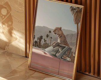 Leopard Poster | Wall Art | Leopard by the Pool in Palm Desert | Retro Wall Art | Mid Century | Leopard on Vintage car | Animal Art | Pink