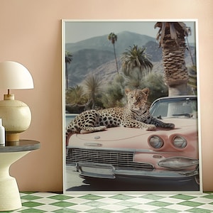 Leopard Poster, Wall Art, Leopard by the Pool Palm Springs, Retro Wall Art, Mid Century, Leopard Vintage car, Animal Art, Pink, Fashion