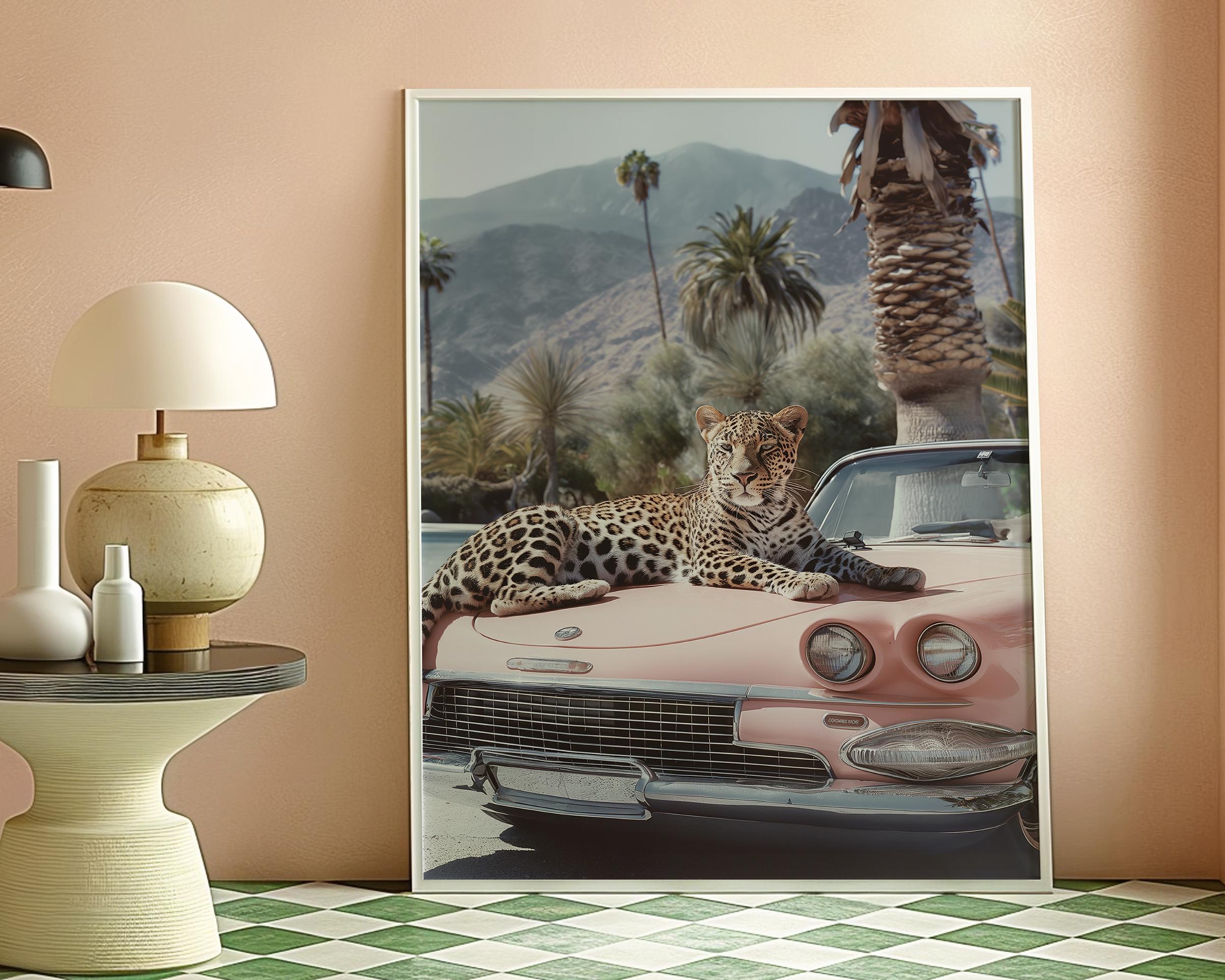 Leopard Poster, Wall Art, Leopard by the Pool Palm Springs, Retro Wall Art, Mid Century, Leopard Vintage car, Animal Art, Pink, Fashion
