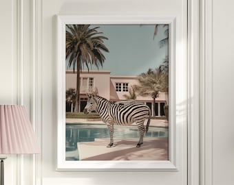 Zebra Poster Wall Art, Zebra by the Pool, Palm springs Desert, Villa, Retro Wall Art, Mid Century, Instant Download, Animal Art, Pink