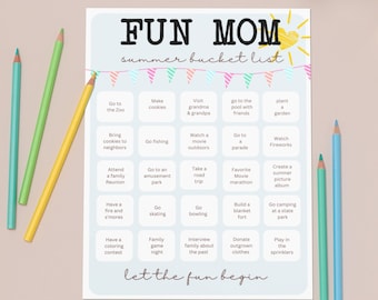 Printable digital download, Scalable Fun Mom Summer Bucket List, Family Time, Summer Love, School's Out, Fun Activities for Families,