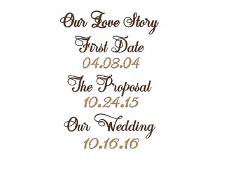 Our Love Story customized wedding decal in two colors fits 11 x 16