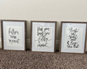 Custom hand lettered bathroom wall décor printables | Wash your hands | Lather | Flush | digital item | 3 designs included