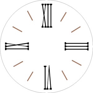 May include: A white clock face with black Roman numeral markings for the hours. The clock face has brown lines extending from the center to the edge of the clock face.