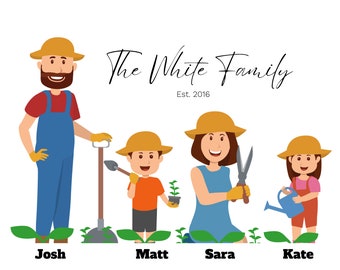 Personalized Gardening Farming Family art print personalized with family name and customized to fit your family size with individual names