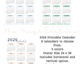 Simple Printable 2024 Calendar  | instant download |  large poster size 36 x 24 | PNG and PDF | minimal | landscape | vertical | Simplify