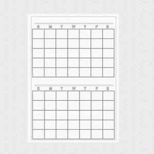 May include: A two-page spread from a planner or notebook, featuring two monthly calendar grids. Each grid has boxes for days of the week, labeled S, M, T, W, T, F, S. The grids are outlined in grey on a white background.