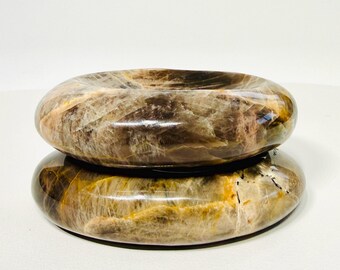 Oval Black Moonstone Crystal Dish Set of 2 with Grayish Caramel Cream Undertones – Witchy Halloween Décor, Fall Harvest Accent & Collectible