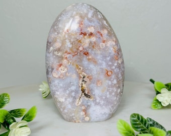 Rare Pink Flower Agate Freeform – Pastel Lavender with Intricate Orb Patterns & Red Accents
