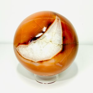 Carnelian Agate Sphere 3.4 LBS – Red Pumpkin Base, White Druzy Patch, Natural Fissures, 4” Statement Decor