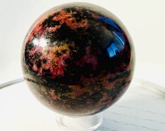 Rhodonite Sphere (3.7 lbs) – Dark Pink Crystal Ball with Intricate Black Motifs