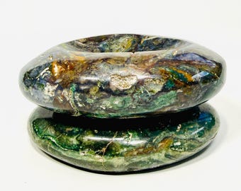 Rare Oval Ocean Jasper Crystal Dish Set of 2 with Dark Green Base, Intricate Swirls and Natural Cavities – Fall Home Decor