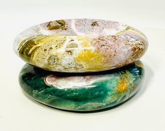 Rare Oval Ocean Jasper Crystal Dish Set of 2 with Rich Earth Tones and Intricate Color Palettes and Patterns – Summer and Fall Home Decor