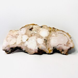 May include: A cross-section of a polished stone with a unique pattern. The stone features a mix of white, light pink, and brown hues. The edges are dark brown, and the overall shape is irregular. This decorative stone is ideal for home decor.