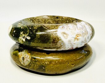 Rare Oval Jasper Crystal Dish with Dominant Olive Green and Natural Cavities – Rich Earth Tone Home Decor for Fall Holidays